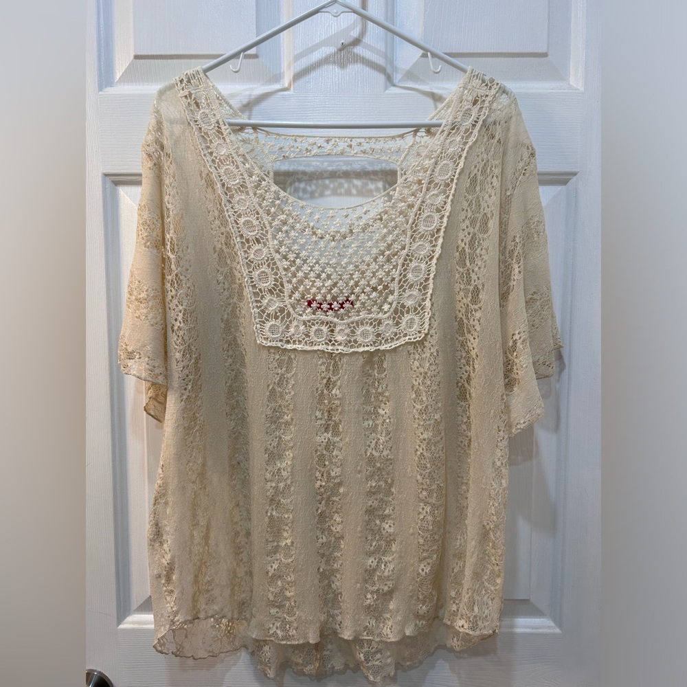 Vtg Y2K Crochet Lace Blouse Sz L Celestial Artsy Festival Fairy Hippie Boho